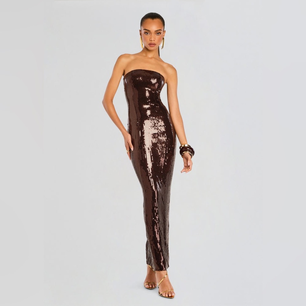Retrofete Strapless Sequin Dress in Deep Brown